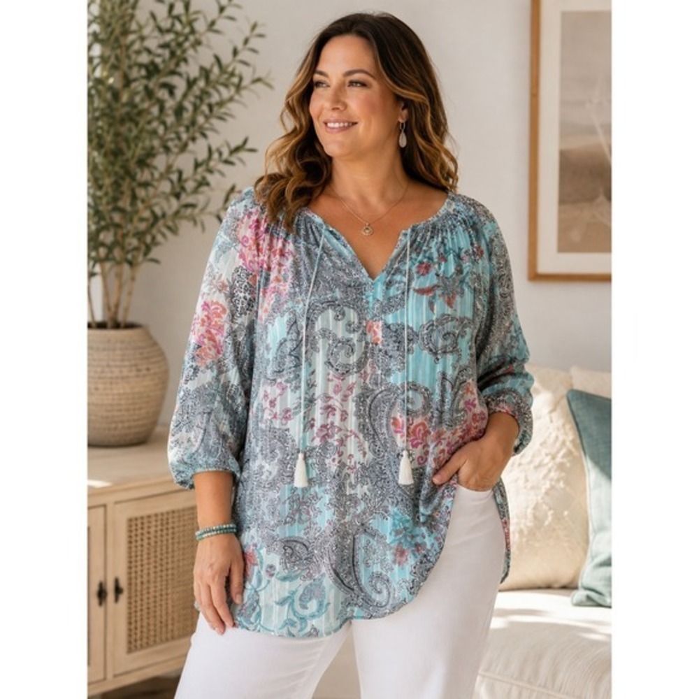 Daniel Rainn Paisley Peasant Blouse 2X Aqua Floral Boho Tassel Tie Tunic Top